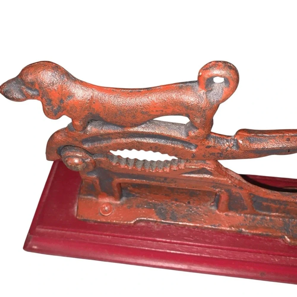 Vintage Cast Iron Daschund Nutcracker  With Red Wooden Base  Whimsical 1950s